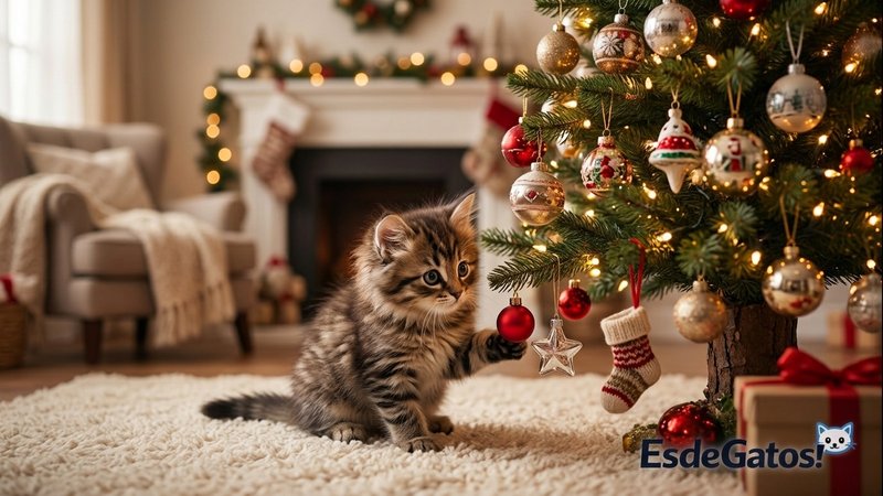 Un gatito pequeño y juguetón junto a un árbol de Navidad, mirando con enorme curiosidad los adornos bajos, en un salón c