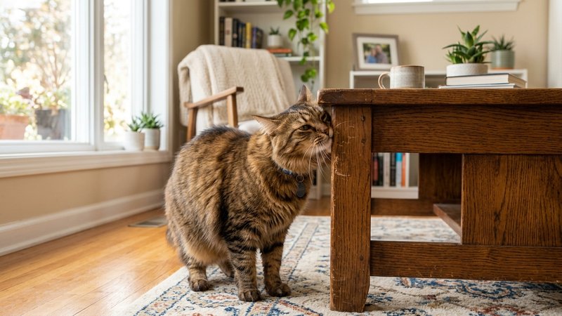 Un gato pardo frotando la mejilla contra la esquina de un mueble de madera para marcar su olor, en una sala luminosa y o