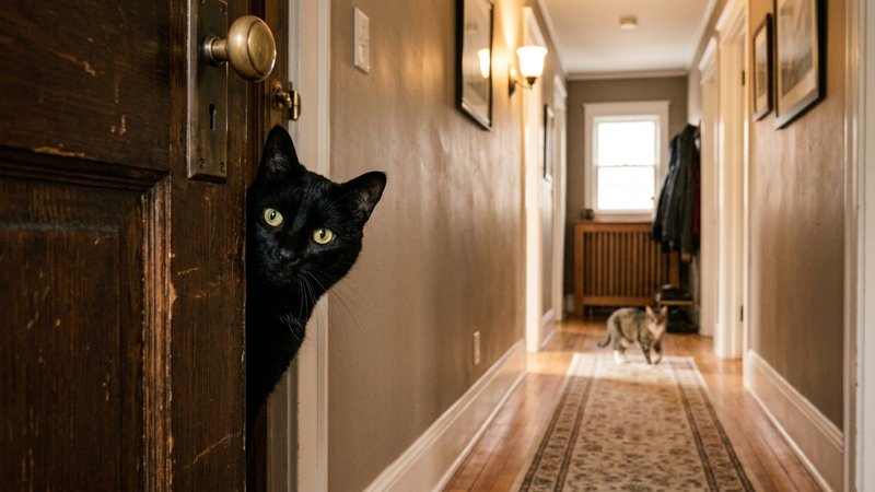 Un gato negro asomado con recelo tras una puerta entreabierta observando a otro gato al fondo del pasillo, luz calida de