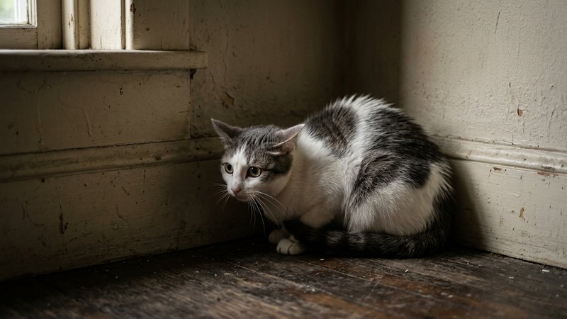 Un gato blanco y gris agazapado y con las orejas hacia atras en un rincon, en actitud defensiva y temerosa, junto a una