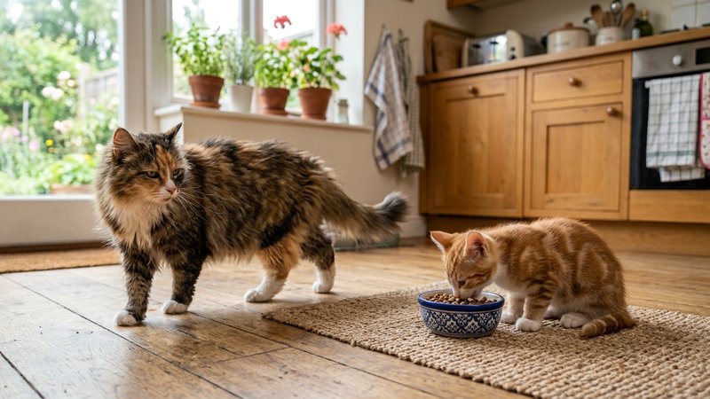 Dos gatos, uno mayor de pelo largo y otro joven pequeño, junto a un unico comedero, con el mayor apartandose incomodo, e