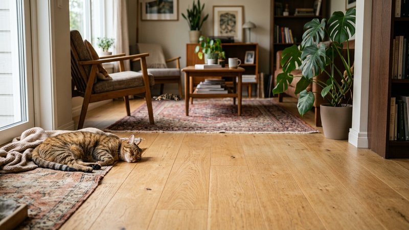 Dos gatos tumbados en extremos opuestos de una misma habitacion, relajados y sin mirarse, ignorandose con calma, sobre s
