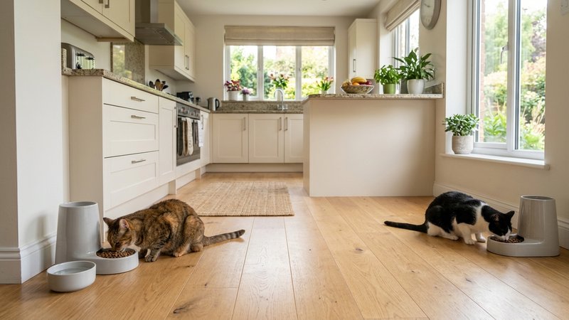 Dos comederos separados en extremos opuestos de una sala, con un gato comiendo tranquilo en cada uno a buena distancia,