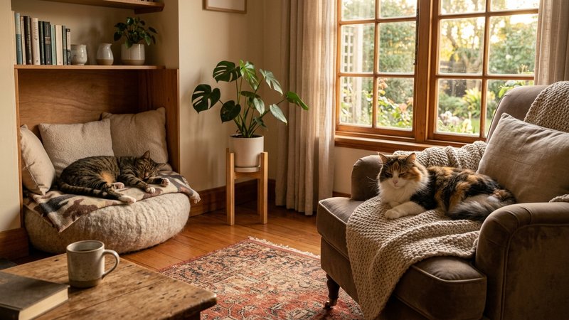 Dos gatos adultos descansando en paz en la misma sala, cada uno en su propio rincon acogedor con cojines, sin tension en