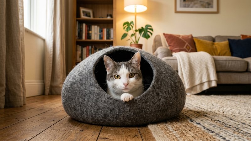 Un gato blanco y gris asomando comodo desde el interior de una cama cerrada tipo cueva de fieltro suave, colocada en un