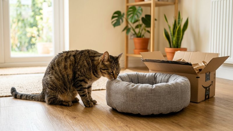 Un gato atigrado olfateando con curiosidad una cama para gato nueva junto a una caja de carton abierta, en una sala lumi