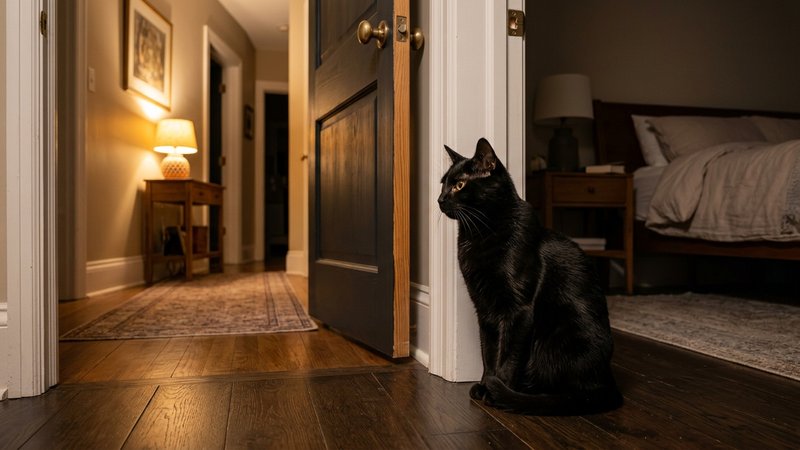Un gato negro sentado junto a la puerta entreabierta de un dormitorio, mirando hacia el pasillo con calma, luz calida de