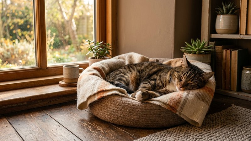 Un gato marron acostado y relajado en su propia cama con una manta suave doblada dentro, en un rincon calido del hogar j