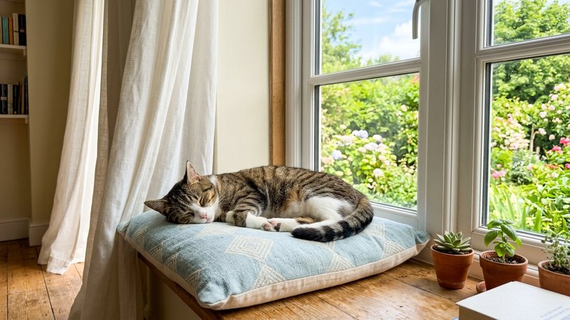 Un gato de pelo corto descansando sobre un cojin fresco junto a una ventana soleada en verano, con las cortinas suaves e
