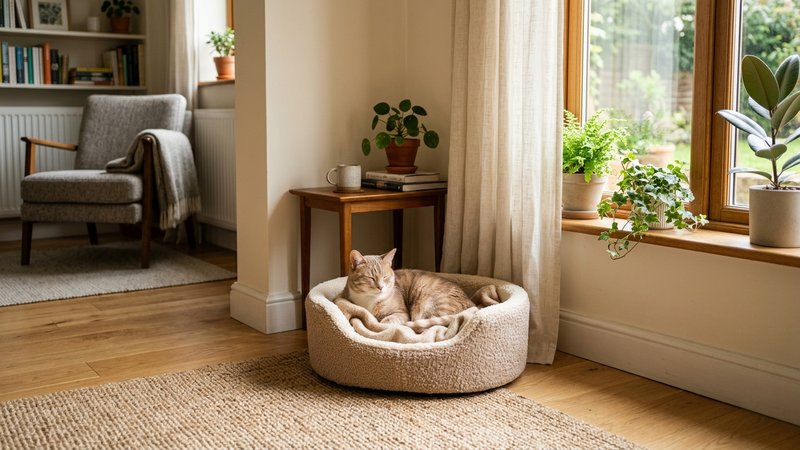 Una cama para gato colocada en un rincon tranquilo y luminoso del salon, lejos del paso, junto a una ventana con cortina