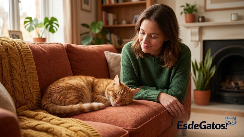 Un gato relajado tumbado en un sofá mientras su dueña lo observa con ternura sin tocarlo, sala acogedora en tonos cálido