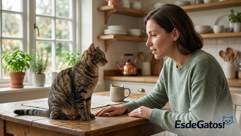 Una mujer hablando en voz baja y con gesto tranquilo a su gato sentado frente a ella sobre una mesa de madera, luz suave