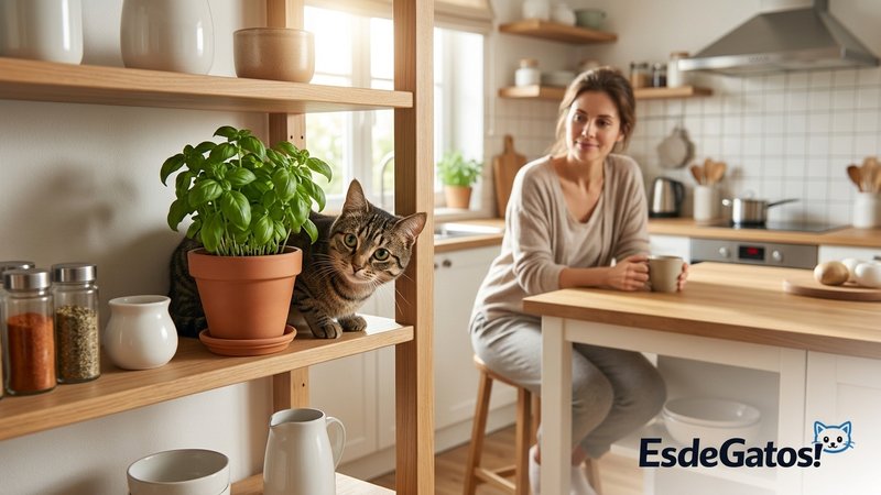 Un gato curioso asomado a una repisa junto a una planta mientras su dueño lo observa con calma sin regañarlo, cocina lum