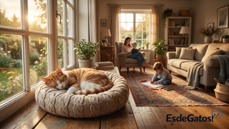 Un gato descansando tranquilo en su cama junto a una ventana soleada mientras la familia está cerca sin molestarlo, saló