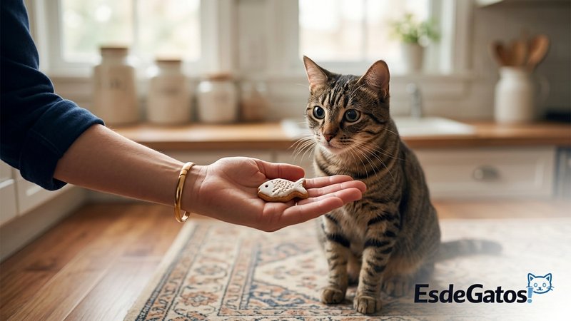 Una persona ofreciendo un premio en la palma de la mano a un gato atento sentado a su lado en la cocina, gesto de recomp