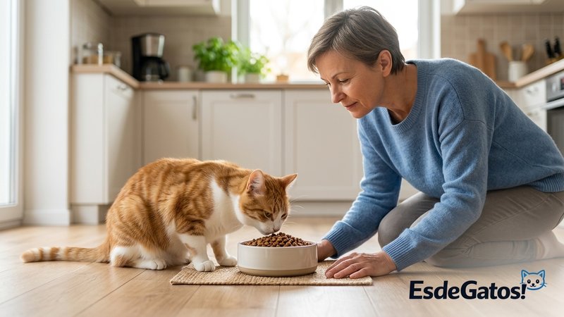 Un gato comiendo de su cuenco limpio en el suelo de una cocina luminosa mientras su dueña lo acompaña agachada a su lado