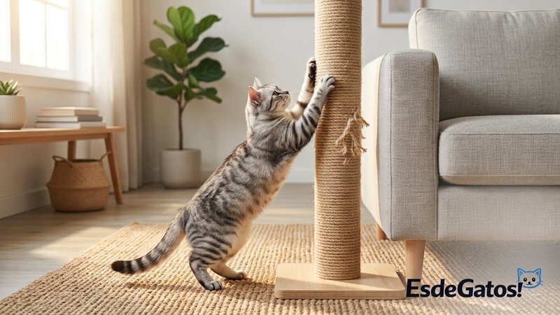 Un gato estirándose y afilando las uñas en un rascador vertical de sisal en el salón, junto al sofá, luz natural cálida,