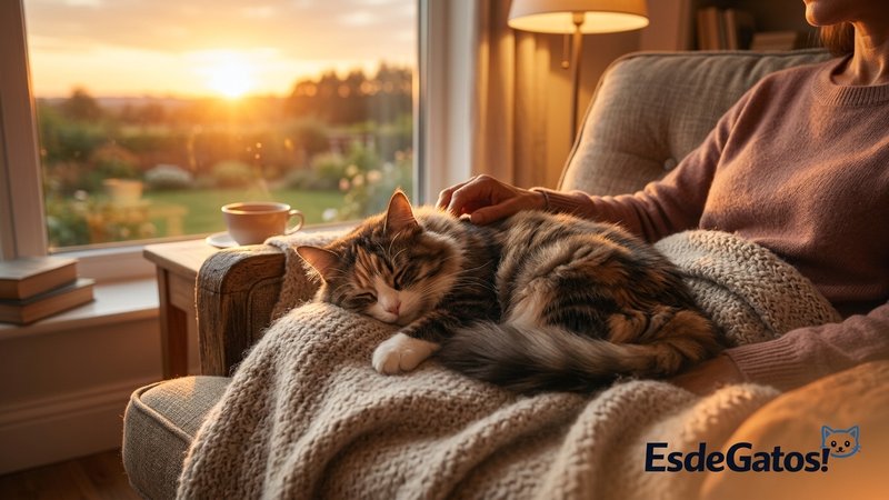 Un gato acurrucado en el regazo de su dueño en un sillón junto a una ventana al atardecer, ambos relajados y en confianz