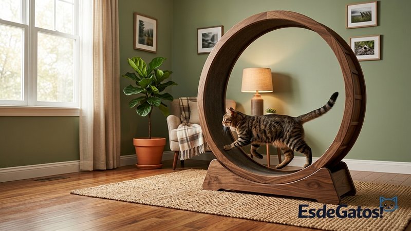 Un gato corriendo sobre una rueda de ejercicio de madera colocada en una esquina del salón de una casa