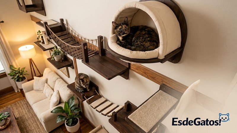 Un gato descansando en lo alto de unas repisas y estantes de madera montados en la pared, con pequeñas pasarelas y una c