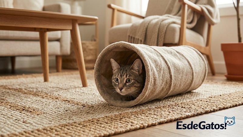 Un gato juguetón asomándose desde la entrada de un túnel de tela colocado sobre una alfombra en el salón de casa