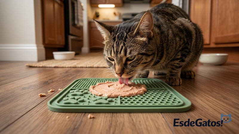 Un gato lamiendo una alfombra de silicona con relieves untada de comida blanda, colocada sobre el piso de la cocina de u
