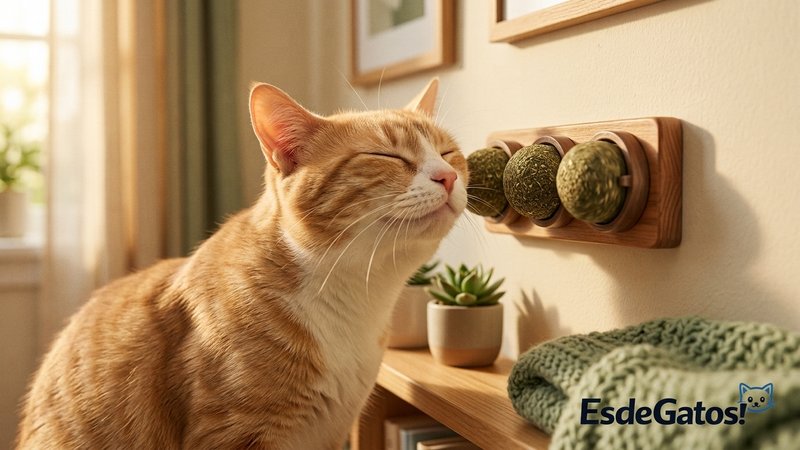 Un gato frotando la cara contra unas bolas de catnip giratorias fijadas a la pared del salón, a la altura del felino