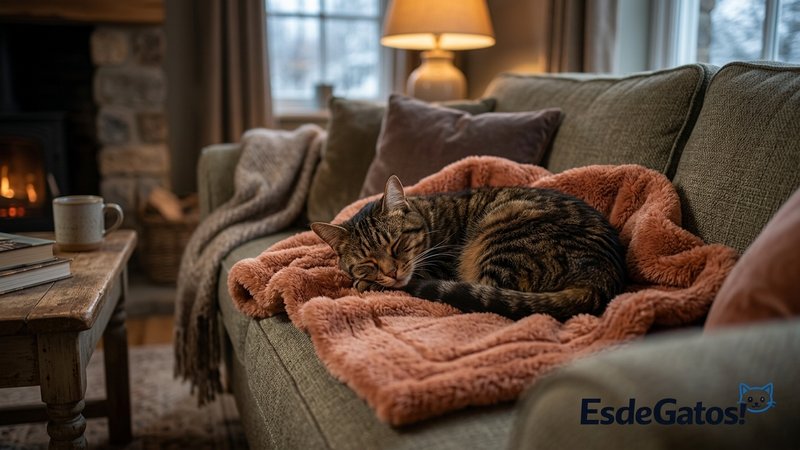 Un gato durmiendo plácidamente sobre una manta eléctrica mullida colocada en el sofá de un salón acogedor en un día frío