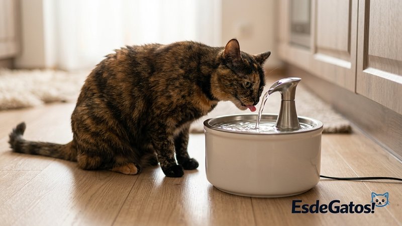 Un gato bebiendo de una fuente de agua para gatos con el agua circulando, colocada en el suelo de la cocina de una casa