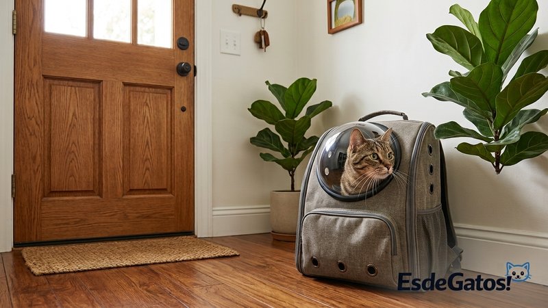 Un gato dentro de una mochila transportadora con cúpula transparente, asomando la cabeza para observar el entorno, en el