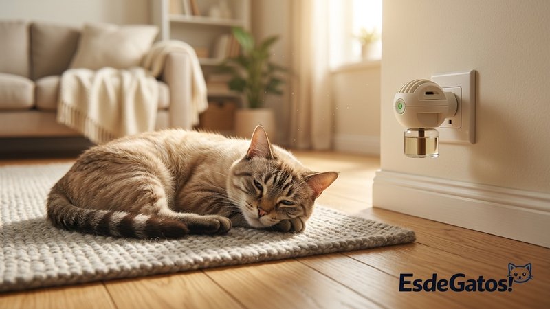 Un gato relajado descansando en el suelo junto a un difusor de feromonas enchufado en la pared del salón de una casa