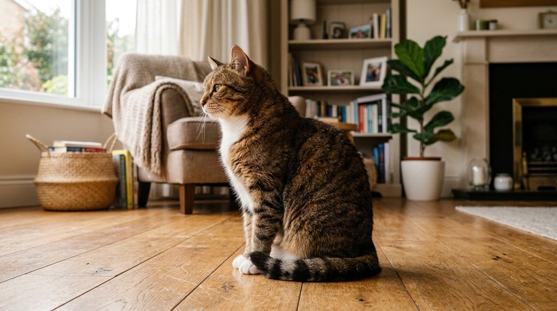 Un gato macho adulto de complexión robusta sentado de perfil sobre un suelo de madera, con la cola recogida y la mirada