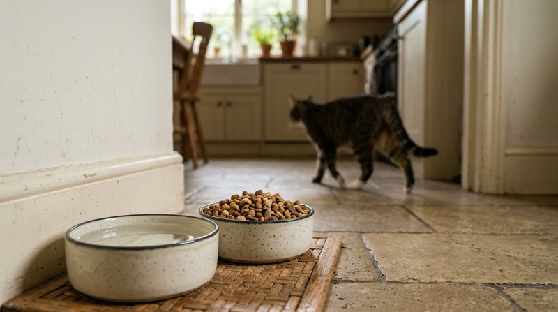 Un cuenco de agua intacto junto a un comedero lleno de pienso seco en el rincón de una cocina, con un gato desenfocado a