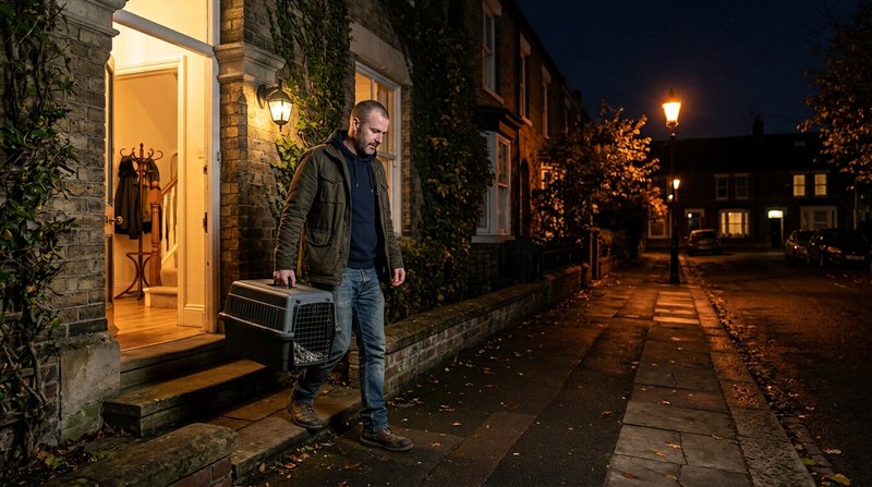 Un hombre saliendo de casa de noche con un transportín de gato en la mano y el portal iluminado a su espalda, calle tran