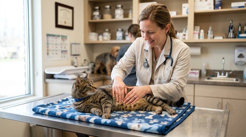 Una veterinaria con bata clara sosteniendo con delicadeza a un gato tranquilo sobre la mesa de consulta mientras lo expl