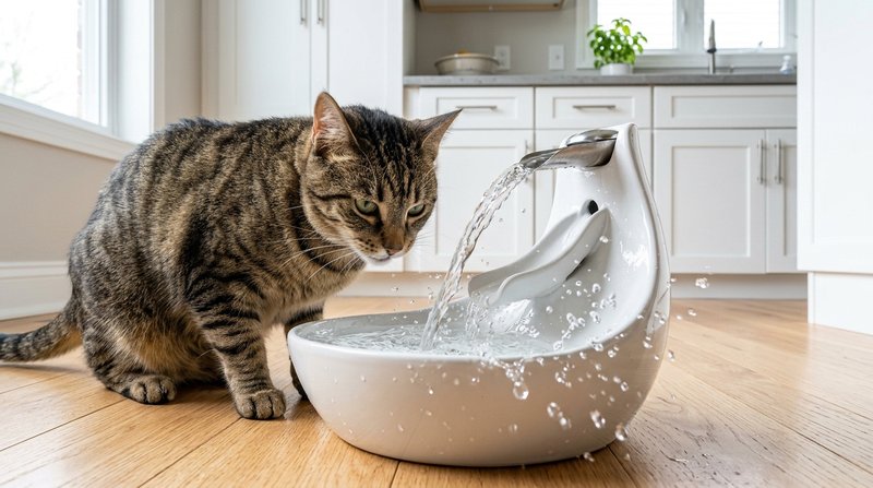 Un gato bebiendo de una fuente de agua para gatos con el chorro en movimiento sobre el suelo de la cocina, gotas nítidas