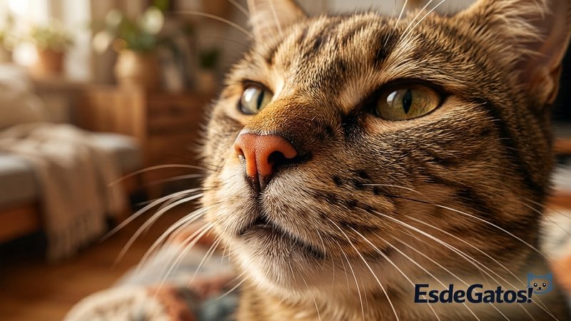 Un primer plano del rostro de un gato con la nariz muy detallada mientras olfatea el aire con atención en una sala hogar