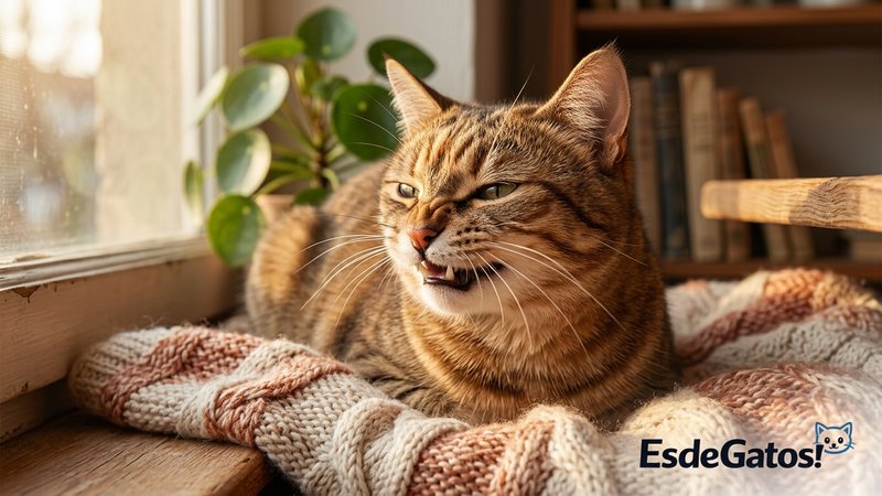 Un gato con la boca entreabierta en gesto de flehmen analizando un olor, en un rincón hogareño y cálido, luz dorada y su