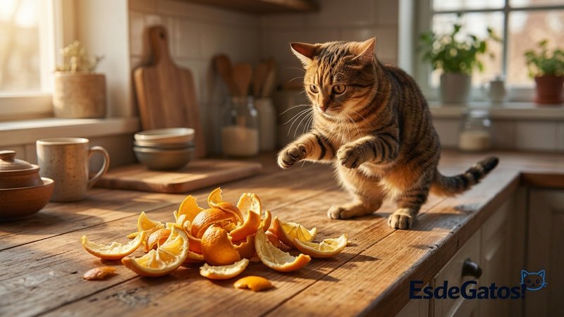Un gato que se aparta con recelo de un montón de cáscaras de naranja y limón sobre una encimera de cocina cálida y lumin