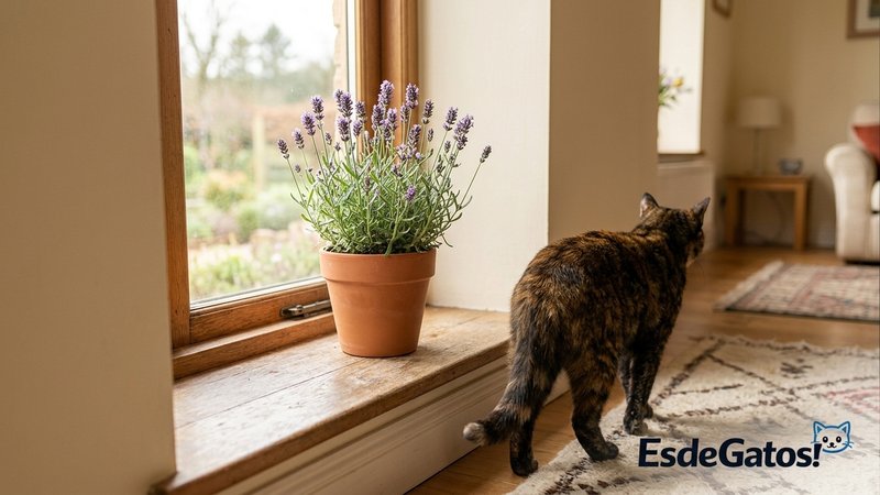 Un gato que se aleja de una maceta con una planta de lavanda florecida colocada junto a una ventana en una sala hogareña