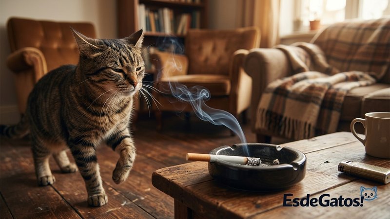 Un gato que se retira incómodo del humo de un cigarrillo que se consume en un cenicero sobre una mesa, en una sala hogar