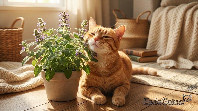 Un gato feliz y relajado frotándose con gusto contra una planta de hierba gatera en un rincón acogedor del hogar, luz do