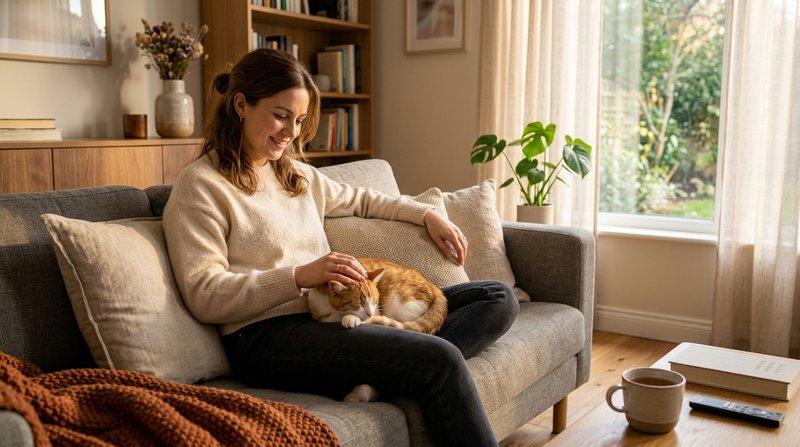 Una cama cubierta con un protector impermeable blanco bien estirado sobre el colchón mientras un gato observa desde la p
