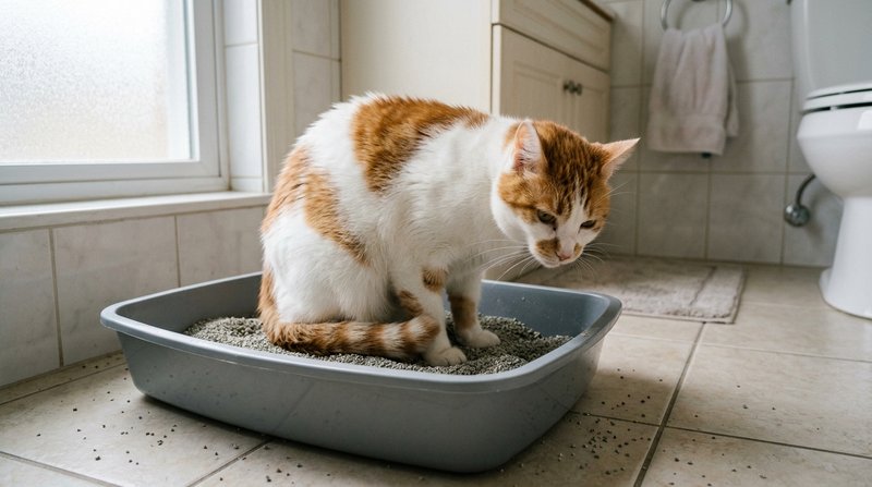 Un gato blanco y naranja agazapado dentro de su bandeja de arena en el baño de casa, con gesto de incomodidad y la mirad
