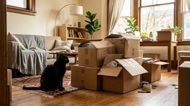 Un gato negro observando desde el suelo una pila de cajas de mudanza a medio cerrar en un salón hogareño con muebles cam