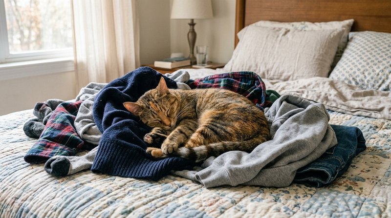 Un gato atigrado acurrucado encima de un montón de ropa recién quitada sobre la cama de un dormitorio hogareño, expresió