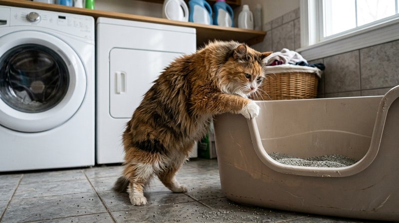Un gato mayor de pelo largo intentando entrar con esfuerzo en una bandeja de arena de bordes altos colocada en un lavade