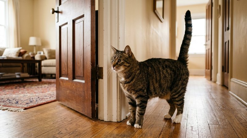Un gato adulto de pie junto al marco de una puerta de un pasillo hogareño, con la cola levantada y erguida en actitud de