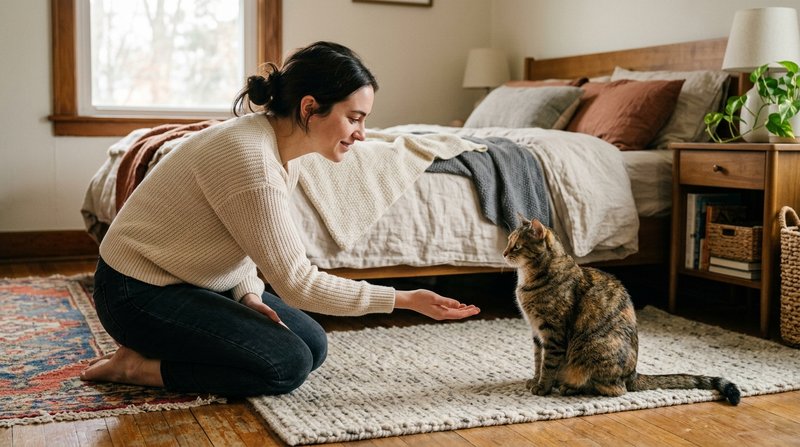 Una persona agachada a la altura de un gato en un dormitorio hogareño, con la mano abierta y gesto sereno mientras el ga