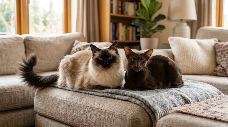 Dos gatos sentados juntos en un sofá, uno siamés de pelo semilargo con antifaz oscuro y cola de pluma y otro oriental de